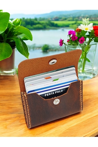 Cronder Hakiki Deri Yan Model Kutu Cüzdan Kartlık Kahverengi