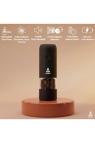 Pizen Windmill Usb Şarjlı Otomatik Baharat Öğütücü Led Işıklı Ayarlanabilir Tuz Karabiber Değirmeni Siyah