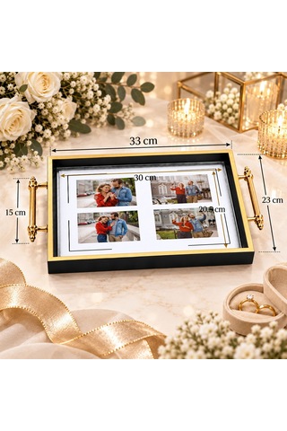 Bk Gift Kişiye Özel Fotoğraflı Siyah&gold Söz Nişan Tepsisi-1 - 39x23 Cm Çok Renkli