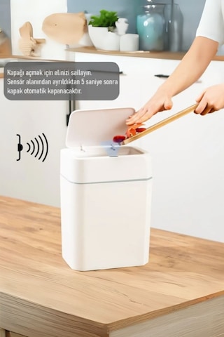Otomatik Kapak Açan Sensörlü Lüks Çöp Kovası 12 Lt, 23,5 X 17,5 X 31,8 Cm Beyaz
