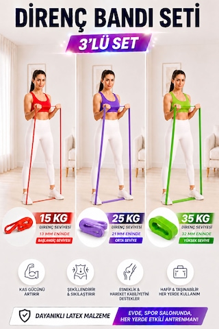 Spor Byfit 15 Kg Hafif, 25 Kg Orta Ve 35 Kg Yüksek Dirençli Power Güç Bandı Lastiği Seti Kırmızı + Lila + Yeşil