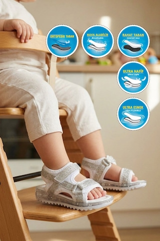 Arzen Beyaz-gümüş Cırtlı Ortopedik Bebek Sandalet 25t104 B