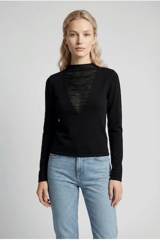 Qoolest Kadın Siyah Önü Tül Büzgü Detaylı Dik Yaka Slim Fit Örme Bluz Siyah