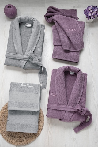 Pierre Cardin AST47 Logo Soft Jakarlı Aile Bornoz Seti Gri - Mürdüm