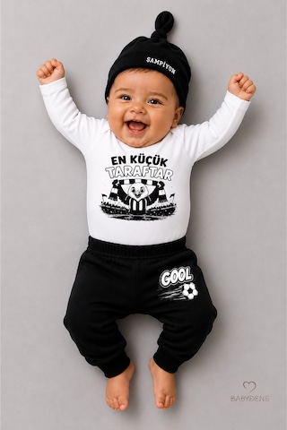 Babyden's %100 Pamuk Siyah Beyaz En Küçük Taraftar 3'lü Yenidoğan Bebek Takımı Uzun Kollu Body Pantolon Şapka Seti
