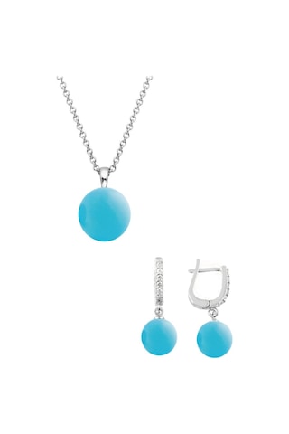 Gümüş Yuvarlak Model Kolye Küpe Turkuaz Taşlı Set 8 Mm