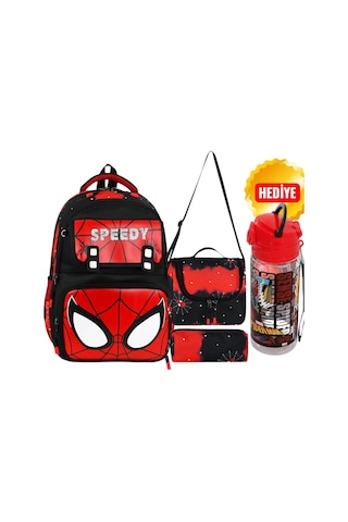 Spiderman Okul Çantası - Beslenme Çantası - Kalem Çantası Üçlü Set - Suluk&matara Çok Renkli