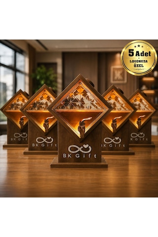 Logonuza Özel 5 Adet 2 Litre Led Işıklı Cam Ve Doğal Ahşap İçecek Dağıtıcı Seti