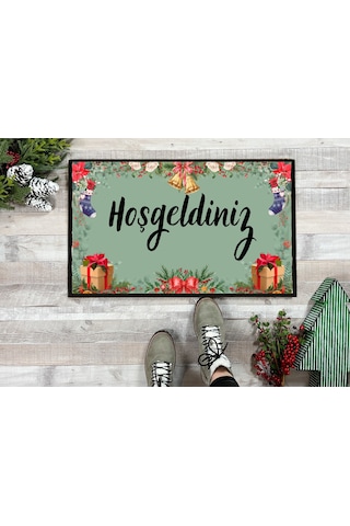 Yeni Yıl Konseptli Hoşgeldiniz Kapı Önü Paspası 60x40 Cm Paspas Çok Renkli