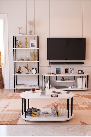 Salon Oturma Odası Takımı Metal Ayaklı Tv Ünitesi Kitaplık Orta Sehpa Avantajlı Mobilya Seti Beyaz