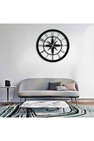 Pusula Temalı Şık Dekoratif Duvar Saati Siyah Metal 40 Cm Siyah
