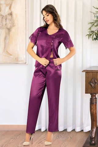 Faal 4111 Kadın Dantel Detaylı Saten Kısa Kollu Pijama Takım-mor Mor