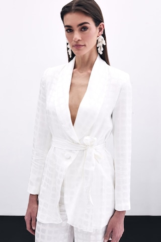 Sateen Kare Desenli Kuşaklı Ceket - Ekru-135791 Ekru