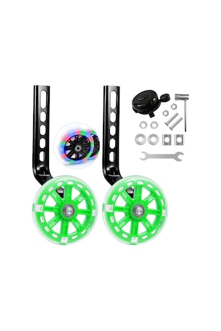 Samdoo 12-20 İnç Bisiklet Denge Tekerlekleri, Işıklı Yeşil Tekerlekler, Çelik Konstrüksiyon, Tam Aksesuar Seti Araçlar, Zil Dahil Yeşil