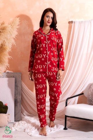 Kışlık Yılbaşı Desenli Kadın Gömlek Polar Pijama Takımı- Geyikli Yılbaşı Pijaması Kırmızı