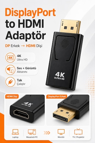 Displayport To Hdmı Çevirici Adaptör Displayport Erkek Hdmı Dişi Pc Laptop Tv Projeksiyon