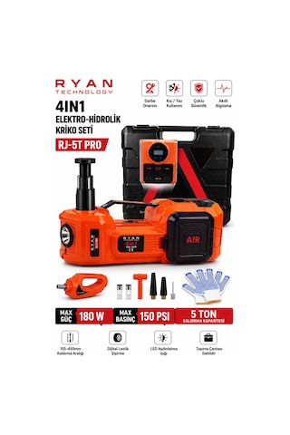5 Ton Hidrolik Araç Krikosu 12v 4in1 Elektrikli Kriko Seti Hava Kompresörü Bijon Sökme Anahtarı Lastik Değiştirme Led Rj-5t Pro