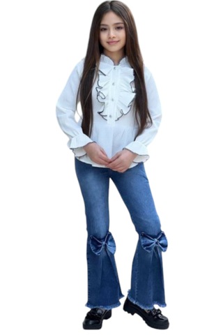 Kız Çocuk Gömleği Fırfır Pantolonu Kurdele Detaylı İkili Takım Beyaz