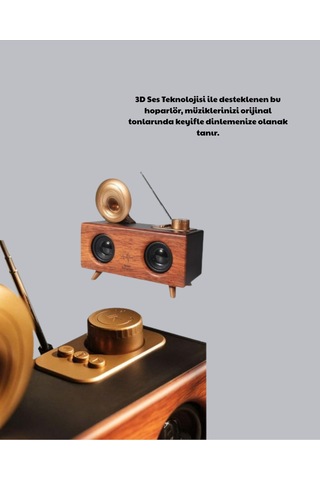 Çift Hoparlörlü Bluetooth Gramofon Speaker Fm Radyo, Usb, Sd Kart Ve Aux Girişli -