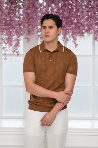 Advante Slimfit Kolları Lastikli Likralı Desenli Polo Yaka Triko T-shirt Taba