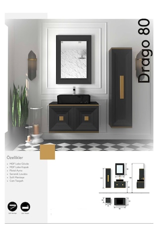 Evros Drago Banyo Dolabı 80 Cm Siyah