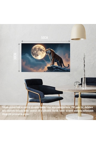 Kaplan Sisli Bir Dağda Aya Kükrüyor 02 Çerçevesiz 50x30 Cm Pvc Tablo