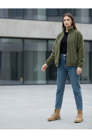 Kadın Oversize Peluş, Polar, Fermuarlı, Teddy Dik Yaka, Sıcak Tutucu Yumuşak Kışlık Ceket Haki