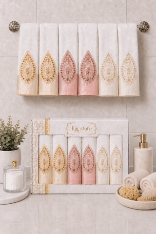 Fransız Güpürlü Nakışlı Hediyelik Çeyizlik Gelin Damat Bohçası Kutulu %100 Pamuk Banyo Havlusu Havlu Seti 50x90 Ebat 6 Adet Varak Model 2