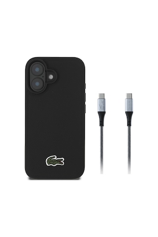 Apple Uyumlu iPhone 16 Kılıf Lacoste Lisanslı Pu Pike Desenli Timsah Logolu Ve Type-c Kablo 1.5m Siyah