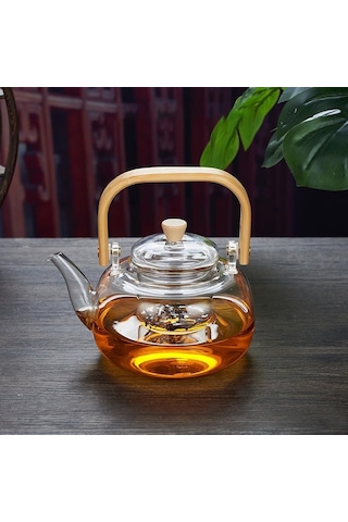Bambu Saplı Isıya Dayanıklı Borosilikat Cam Süzgeçli Demlik 1000ml, Isıya Dayanıklı Cam Bitki Çayı Demliği 1 Çok Renkli
