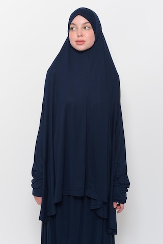 Pratik 2 Parça Pamuklu Yarasa Kollu Başörtülü Tesettür Namaz Elbisesi Koyu Lacivert Antrasit