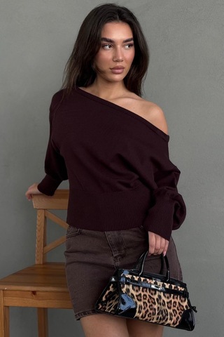 Madmext Kahverengi Ribbed Asimetrik Kesimli Kadın Kazak Mg2744