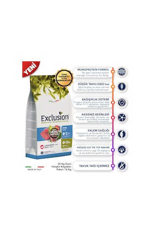 Exclusion Monoprotein Düşük Tahıllı Ton Balıklı ve Narlı Büyük Irk Yetişkin Köpek Maması 12 KG