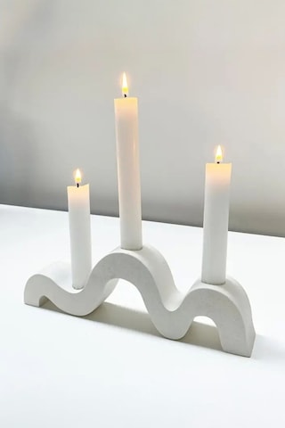 Modern Dalga Tasarımlı 3 Lü Beton Mumluk Şamdan - Dekoratif El Yapımı Masa Üstü Mumluk Beyaz