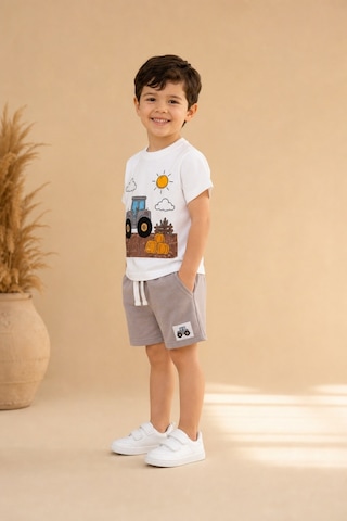 Eray Alp Kids Erkek Çocuk Beyaz Baskılı Traktör Tişört Şort Takımı Yazlık Günlük Model