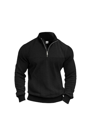 Amerikan Retro Gündelik Dik Yaka Fermuarlı Kazak Gevşek Örme Ağır Dikiş Jakarlı Sonbahar Ve Kış Uzun Kollu Kazak Siyah