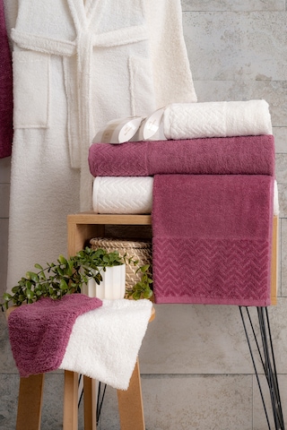 Oznhome Krem-bordo Çift Kişilik 6 Parça Bornoz Seti Bordo - Krem