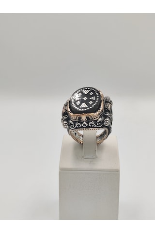 Gümüş Çakımlı Siyah Kehribar Taşlı İslam Usta Eseri 925 Ayar