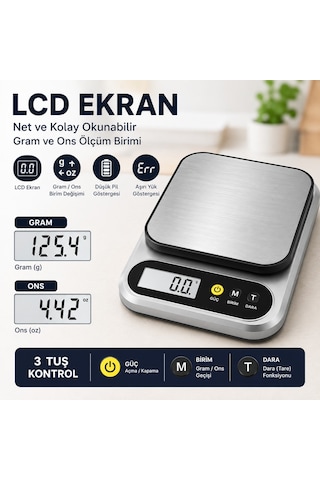10 Kg Dijital Hassas Mutfak Tartısı - Lcd Ekranlı, Paslanmaz Çelik Tartım Yüzeyi, Dara Tare Fonksiyonlu, Gram & Ons Ölçüm, 2x Aaa Pilli Açık Gri