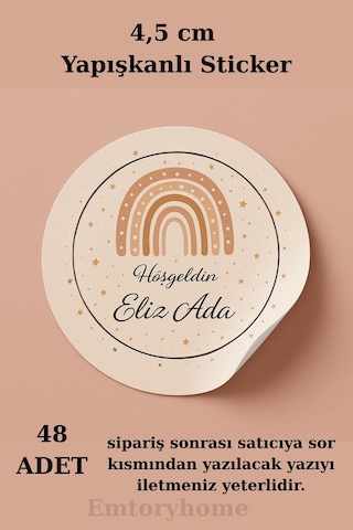 48 Adet Yuvarlak Hoşgeldin Bebek Sticker - Yenidoğan Sticker - Doğumgünü Sticker 1.hamur 4,5cm Açık Bej