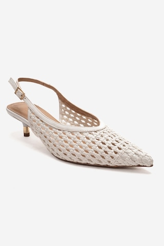 Luvishoes Orelıs Beyaz Örgü Desenli Kadın Kısa Topuklu Ayakkabı Beyaz