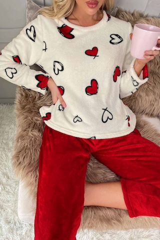 Merry See Kalp Baskılı Peluş Polar Alt Üst Uzun Kollu Pijama Takımı 001