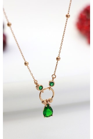 Yeşim Taşlı Özel Tasarım Gümüş Kolye 50Cm-Rose Gold