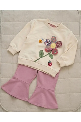 Bebitof Kids Kız Bebek 3d Çiçek Aplikeli Sweatshirt Ve İspanyol Paça Pantolon Ekru / Pembe