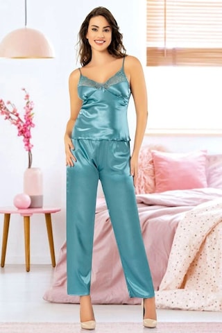 Faal 4909 Kadın Dantel Detaylı Saten Sabahlıklı İp Askılı Pijama Takım-mavi Mavi