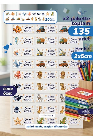 Erkek Çocukları Okul Etiketi / İsme Özel / Toplam 135 Adet / 2x5 Cm / Büyük Boy Çok Renkli