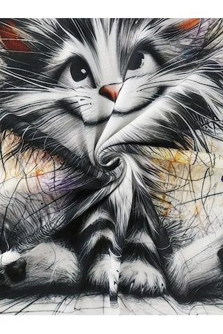 Kadın Kısa Kollu Bisiklet Yaka Kedi Baskılı Süprem Bluz Beyaz