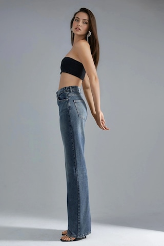 Hiccup Squalo Yüksek Bel Geniş Paçalı Kot Pantolon Orta Mavi Denim