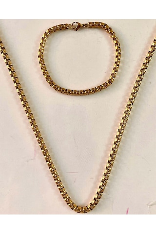 Kalın Zincir Çelik Kararmaz Paslanmaz Gold Kolye Ve Bileklik Set Altın