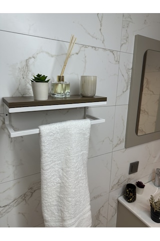 lyla concept Fulya Banyo Ahşap Raflı Beyaz Metal Havlu, Şal Askılık Ceviz Raf Beyaz